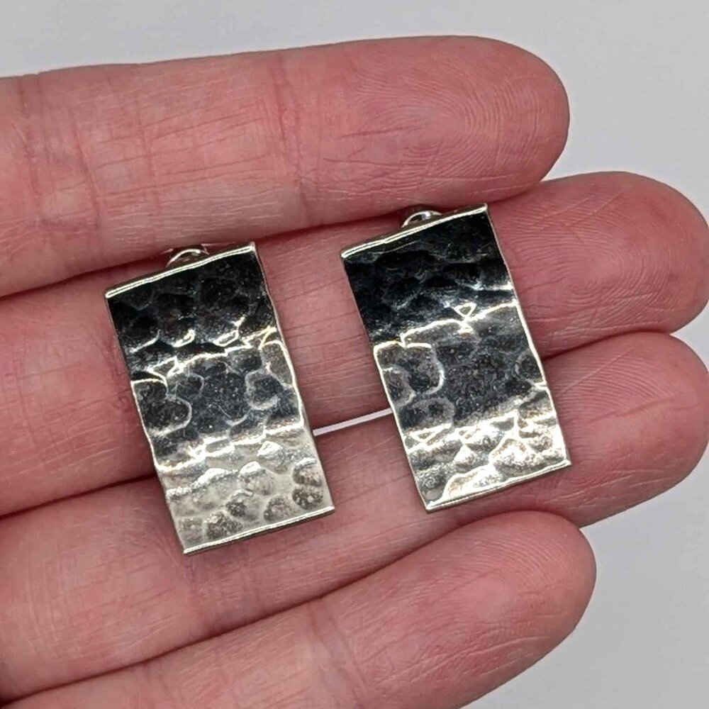Vintage 925 Sterling Silver Rectangle Stud Earrings Oxidized and Hammered